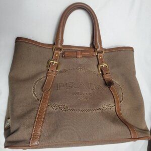 Prada Vintage Leather Canvas Shoulder Top Handle Bag